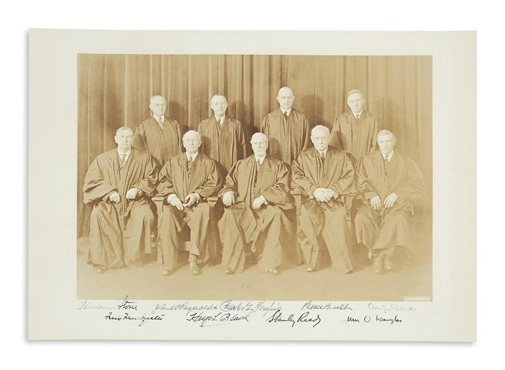 (SUPREME COURT.) Photograph Signed by all nine justices of the 1939 Hughes Court, group portrait by Harris & Ewing,